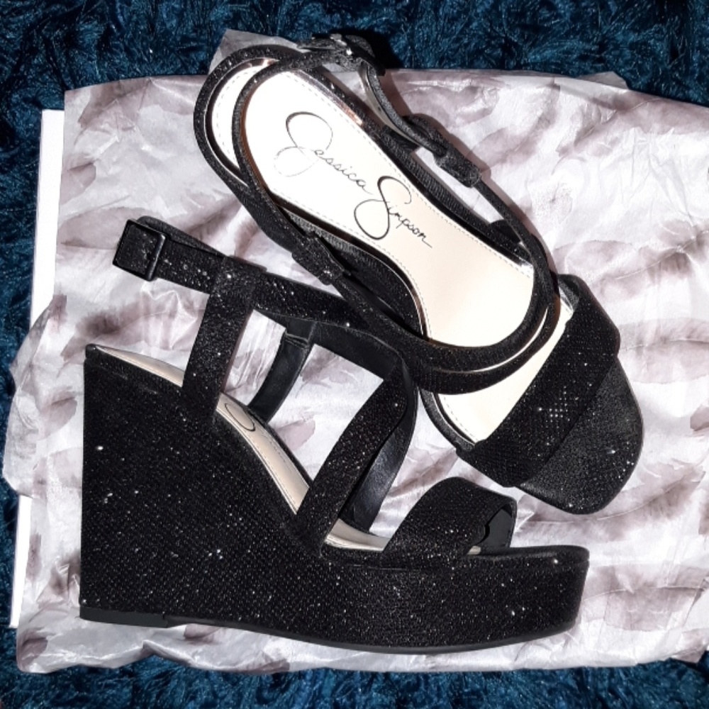 Jessica Simpson black sparkle wedges